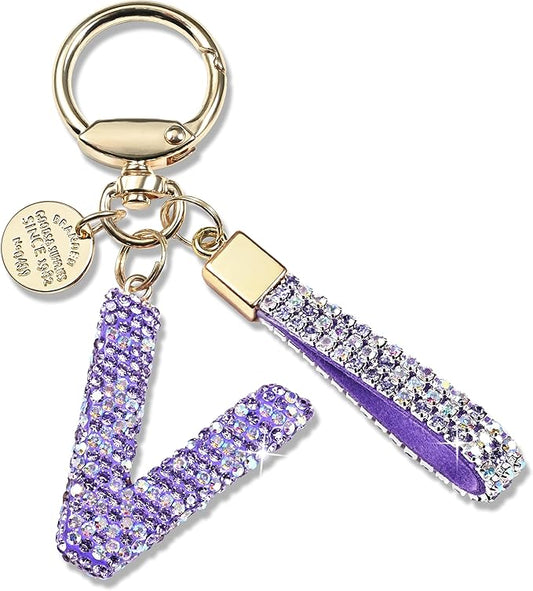 Pink Blue White Initial Letter Keychain Gift for Women Girls Bling Sparkly Cute Backpack Car Key Accessories Lanyard