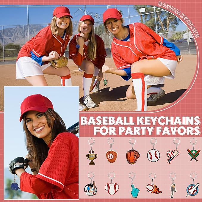 Batiyeer 36 Pack Baseball Keychains Bulk Party Favors Sports Ball Key Chains Funny Keyring Gifts for Women Men Birthday Supplies