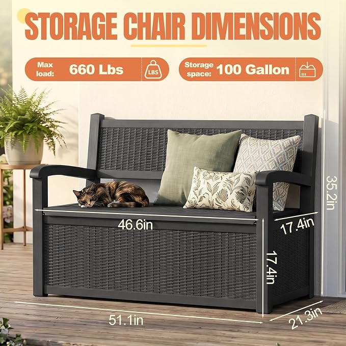 Storage Bench Outdoor Deck Box, 100 Gallon Waterproof & UV Resistant Lockable - Image 5