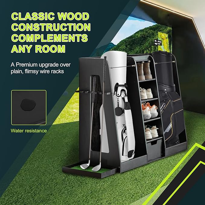 Wooden Golf Bag Organizer for Garage with Drawers, 2 Golf Bag Holder with Club Holders On Side for Car Garage Club Shed Basement, Gray
