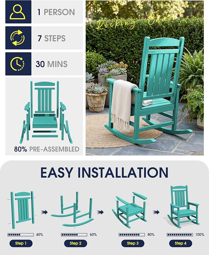 Oversized Outdoor Rocking Chairs Set of 6, HDPE Porch Rocker, Aruba | - Image 5
