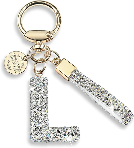 Pink Blue White Initial Letter Keychain Gift for Women Girls Bling Sparkly Cute Backpack Car Key Accessories Lanyard