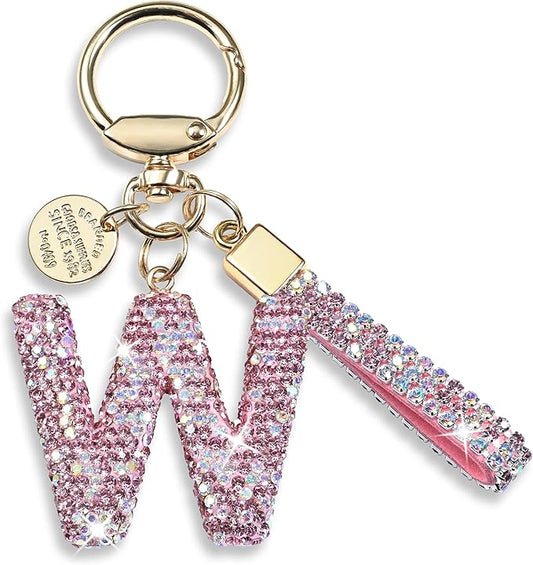 Pink Blue White Initial Letter Keychain Gift for Women Girls Bling Sparkly Cute Backpack Car Key Accessories Lanyard