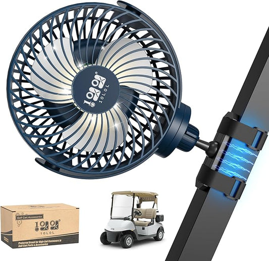 10L0L Magnetic Golf Cart Fan Rechargeable with Flexible Tripod Mount - 10000mAh Battery Operated Portable Fan 360° Rotatable Head, Fits for Yamaha/EZGO/Club Car Golf Cart with LED Light