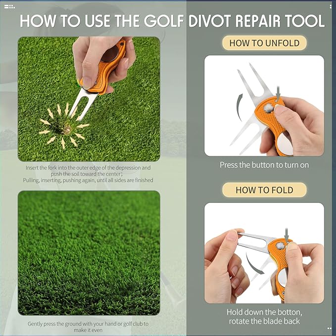 Skylety 4 Pcs Golf Divot Repair Tool Metal Foldable Golf Divot Tool with Magnetic Pop-up Button Ball Marker Stainless Steel Switchblade for Golfers Prizes