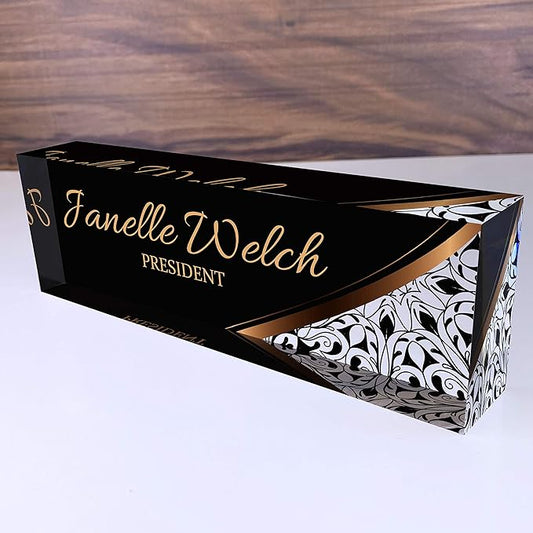 Artblox Office Desk Name Plate Personalized | Custom Name Plates for Desks | Abstract Flower Design On Clear Acrylic Glass | Office Desk Decor - (8" x 2.5")