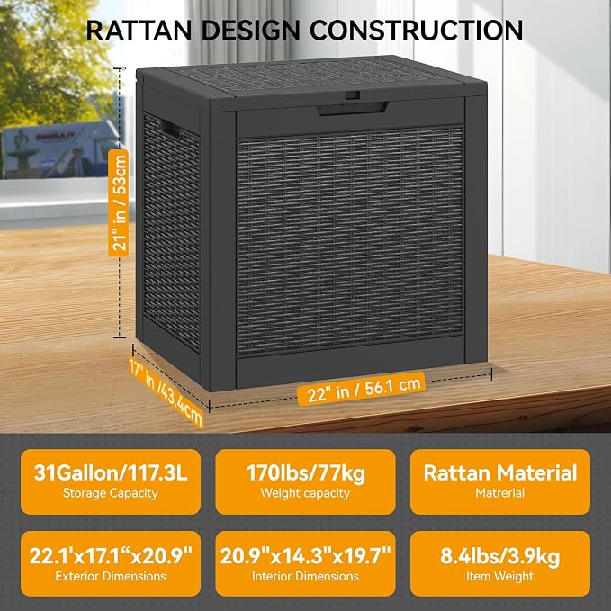 31 Gallon Outdoor Storage Box, Resin Deck Boxes Indoor and outdoor, Waterproof - Image 2