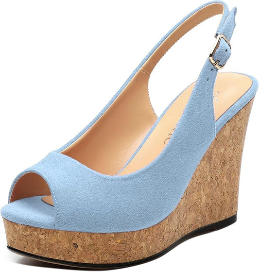 Womens Wedge Platform Sandals Peep Open Toe Slingback Buckle High Heel Dress Shoes Pumps Suede 3.94 Inch