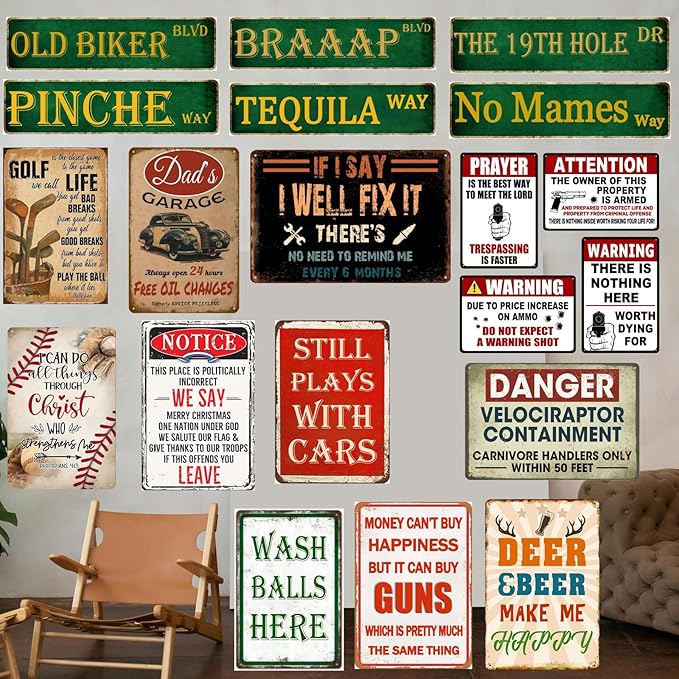 Man Cave Decor Pinche Way Street Tin Sign - Mexican Dad Gifts, Funny Signs, Metal Bar Wall Art, Accessories, Garage Decor for Men - 4x16 Inch