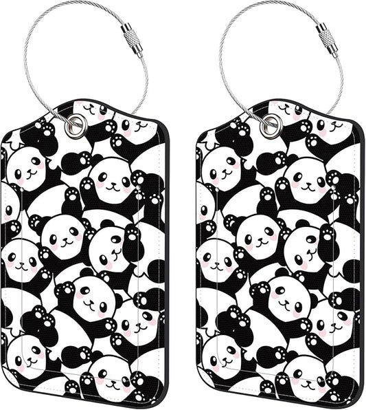2 Pack Luggage Tags for Suitcase,Cute Panda PU Leather Luggage Tags with Privacy Cover Name Address Labels and Steel Ring,Creative Travel Accessories for Men and Women