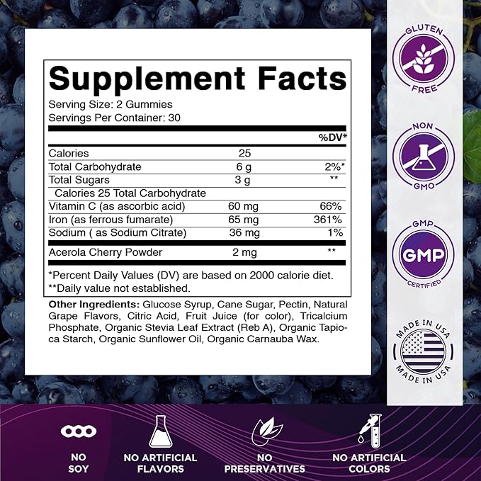 Vitamatic Iron 65 mg Gummies Supplement for Women & Men - 60 Vegan Gummies - Great Tasting Iron Gummy Vitamins with Vitamin C (6)