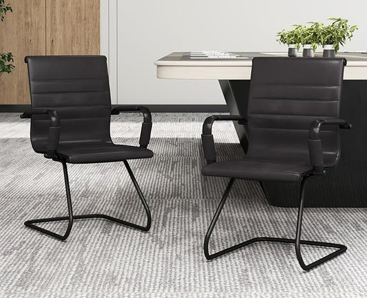 CIMOTA Waiting Room Chairs Leather Office Guest Chair Mid Back Reception Chairs with Sled Base for Meeting/Patient/Conference Room, Retro Black Set of 2