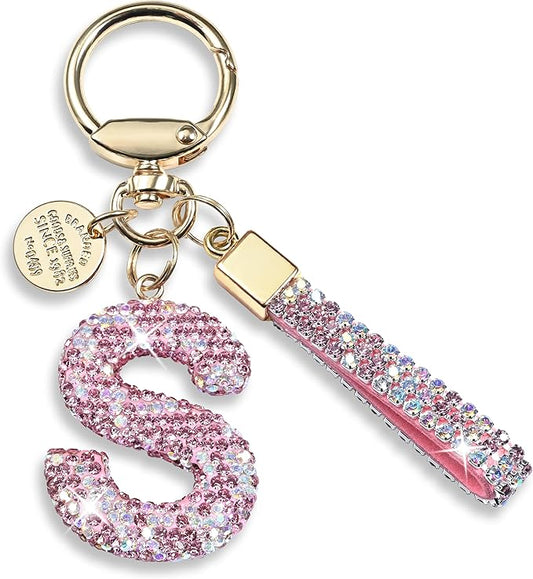 Pink Blue White Initial Letter Keychain Gift for Women Girls Bling Sparkly Cute Backpack Car Key Accessories Lanyard