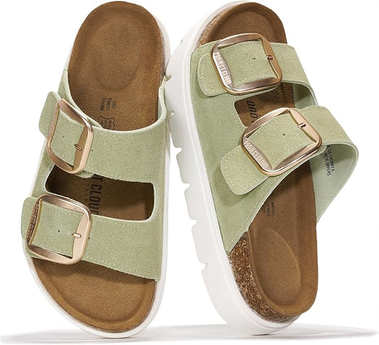 Project Cloud Genuine Leather Platform Sandals Women Footwear - Wedge Chunky Sandals Womens sandals with Memory Foam Insole and Cork Footbed (GREECECHUNKY)