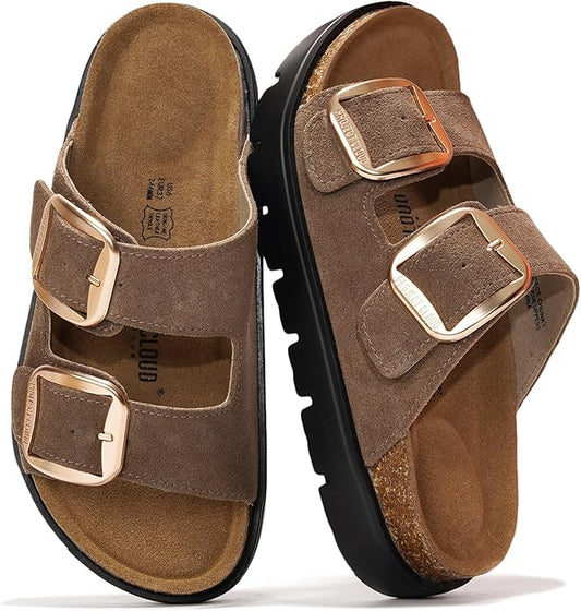 Project Cloud Genuine Leather Platform Sandals Women Footwear - Wedge Chunky Sandals Womens sandals with Memory Foam Insole and Cork Footbed (GREECECHUNKY)