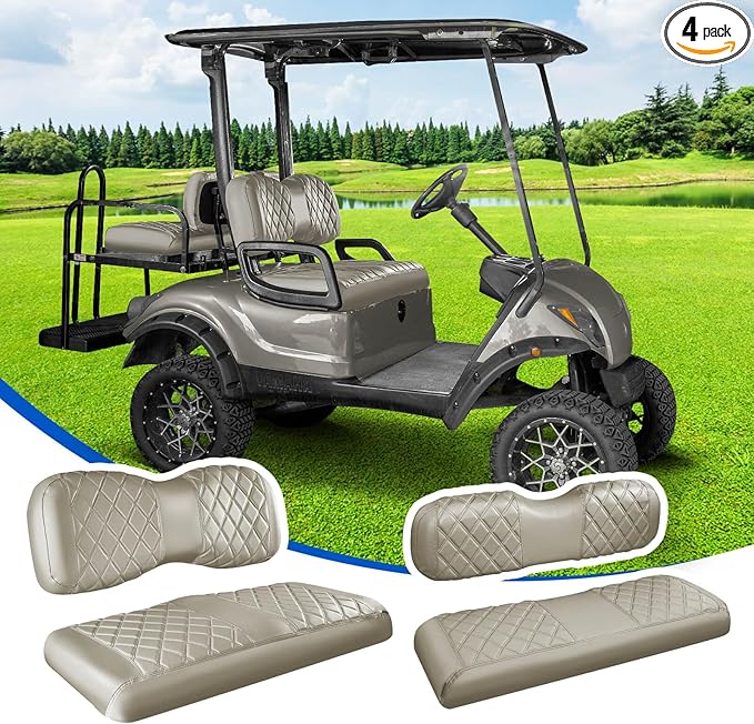 NOKINS 4PCS Golf Cart Seat Covers Kit, Front and Rear Seat Covers Fits YAMAHA/G29/Drive2 Standard Seat Cushion, Yamaha Vinyl Diamond Replacement Seat Covers, No Stapler(Oyster Gray)