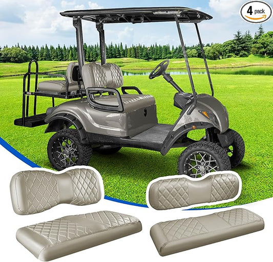 NOKINS 4PCS Golf Cart Seat Covers Kit, Front and Rear Seat Covers Fits YAMAHA/G29/Drive2 Standard Seat Cushion, Yamaha Vinyl Diamond Replacement Seat Covers, No Stapler(Oyster Gray)