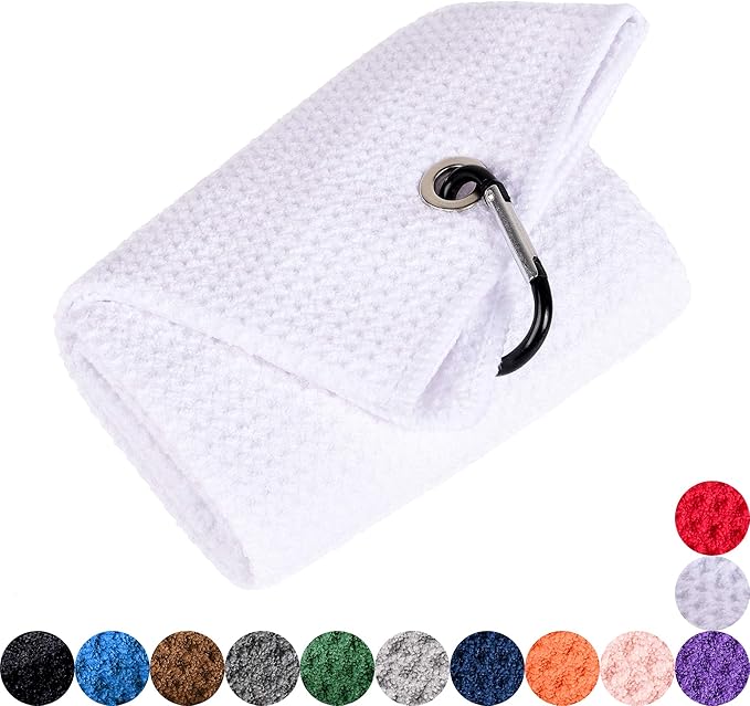 Mile High Life Microfiber Waffle Pattern Golf Towel | Club Groove Cleaner Brush | Foldable Divot Tool with Magnetic Ball Marker (White Towel/Brush/Bone Divot)