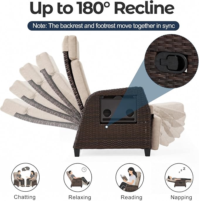 Outdoor Recliner for Patio, 180° Simultaneous Recline, Adjustable Back & - Image 3