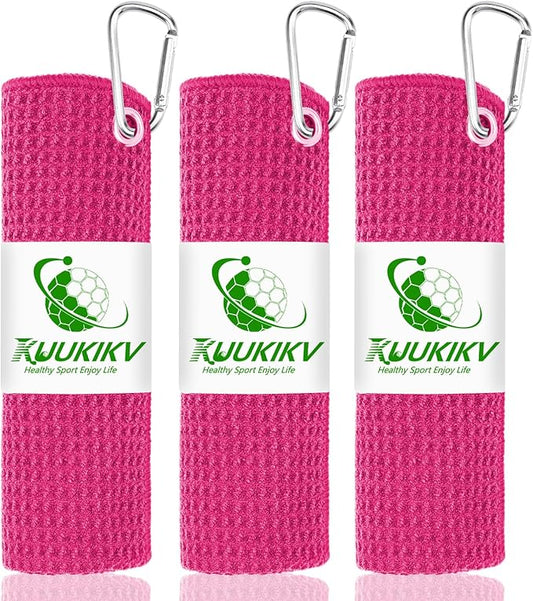 3 Pack 16" X 16" Golf Towels with Carabiner Clip, Super Absorbent Microfiber, Waffle-Pattern, Romantic Pink