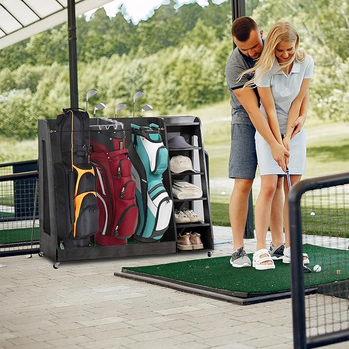 Wooden Golf Bag Organizer Garage Large Golf Bag Storage Rack Stand with Wheels Fits 3 Golf Bags, Golf Clubs and Other Golfing Equipment Accessories Golf Bag Holder for Garage, Club, Shed Basement