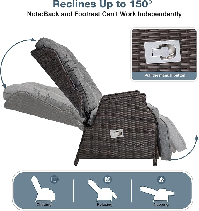 Outdoor Wicker Recliner with Adjustable Back and Footrest, PE Rattan Lounge - Image 3