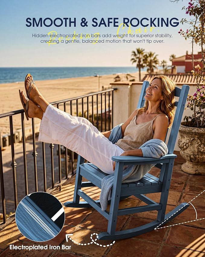 Oversized Outdoor Rocking Chairs Set of 2, Porch Rocker Unique Blue | - Image 8