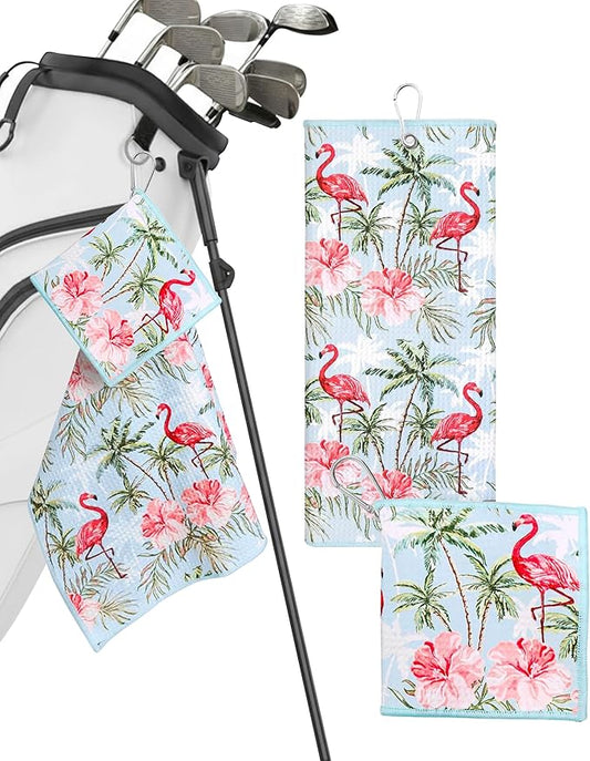 Microfiber Golf Towels for Golf Bags & Carts - Premium Weave Waffle & Ball Towels with Carabiner Clip, Essential Accessories for Men, Women, and Kids, Golfer Gifts, Set of 2 (Flamingo Paradise)