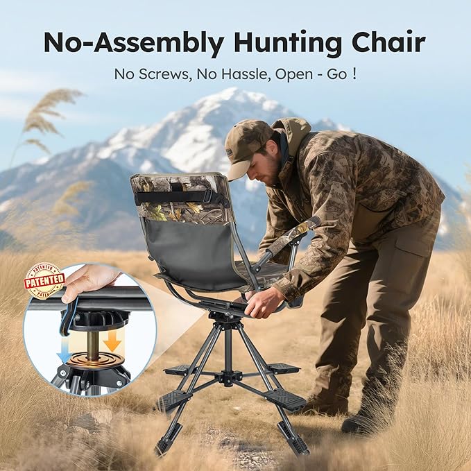 LET'S CAMP Folding Hunting Chair for Blinds 360 Degree Silent Swivel, 330LBS Capacity Portable Padded Cushion Hunting Seat with Armrest, 4 Legs Adjustable Height, Shoulder Strap, Cup Holder-CAMO