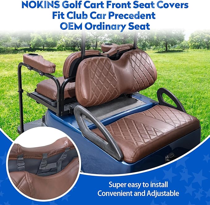 NOKINS Golf Cart Seat Covers for Club Car Precedent, Vinyl Front&Rear Seat Cover with Flip-Up Armrests kit, with Cup Holder, for 1" Square Tube(Brown&Brown 8438)
