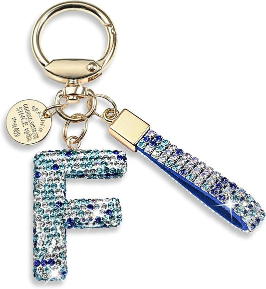 Pink Blue White Initial Letter Keychain Gift for Women Girls Bling Sparkly Cute Backpack Car Key Accessories Lanyard