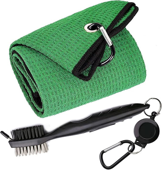 Golf Towels, Microfiber Waffle Pattern Tri-fold Golf Towel - Brush Tool Kit with Club Groove Cleaner, with Clip Men Women Golf Gifts (Green Towel+Black Brush)