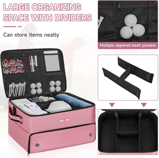 ANILD Golf Trunk Organizer, 2 Layer Golf Storage Case with Separate Ventilated Compartment for 2 Pair Shoes, for Balls, Tees, Clothes, Gloves, Accessories, Golfer Gifts