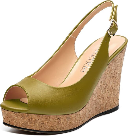 Womens Peep Toe Wedge Heels Matte Fashion Cork Slingback Pumps Platform Wedge Sandals 3.94 Inches