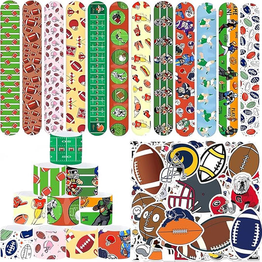 74Pcs Football Theme Party Favors Contain 24 Pcs Slap Bracelets 50Pcs Stickers, Sports Football Theme Birthday Party Decorations,Classroom Rewards Supplies.