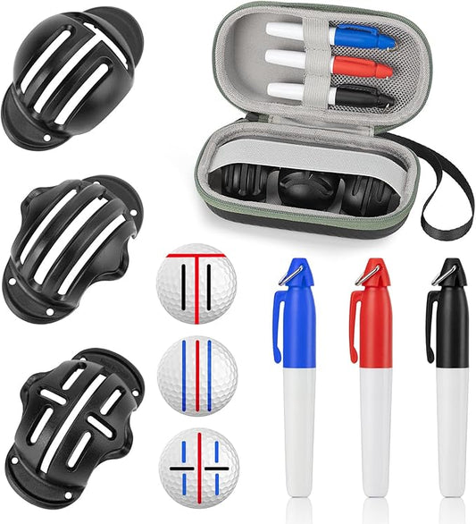 chfine Golf Ball Marker Set with 3 Golf Ball Marker Stencils and 3 Colors Golf Ball Markers, Golf Ball Line Marker Tool with Case, Golf Ball Alignment Marking Tool, Golf Accessories for Men and Women