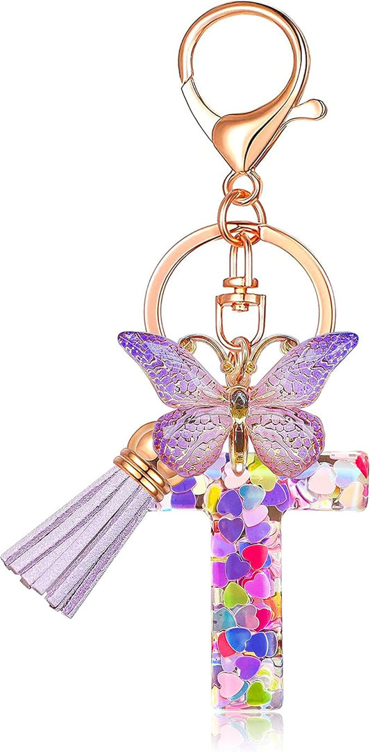 JINGUAZI Initial letter Keychains for Women Tassel Butterfly Pink Purple Cute Car Keychain for Wallet Backpack bag charm