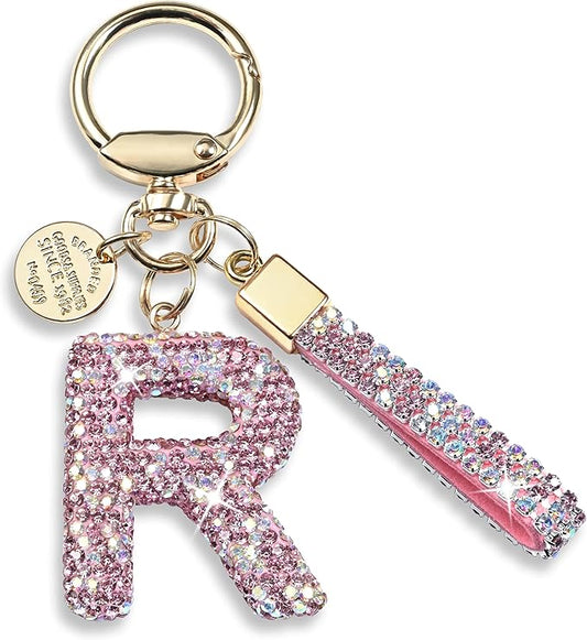Pink Blue White Initial Letter Keychain Gift for Women Girls Bling Sparkly Cute Backpack Car Key Accessories Lanyard