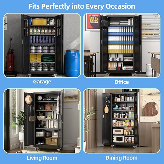 SUXXAN Metal Garage Storage Cabinet with Wheels and Pegboard, 71'' x 34'' x 18'' Lockable Rolling Steel Cabinet with 5 Adjustable Shelves and Door for Garage, Office, Kitchen, Assembly Required