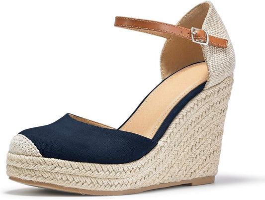 FISACE Womens Summer Espadrille Heel Platform Wedge Sandals Ankle Buckle Strap Closed Toe Shoes