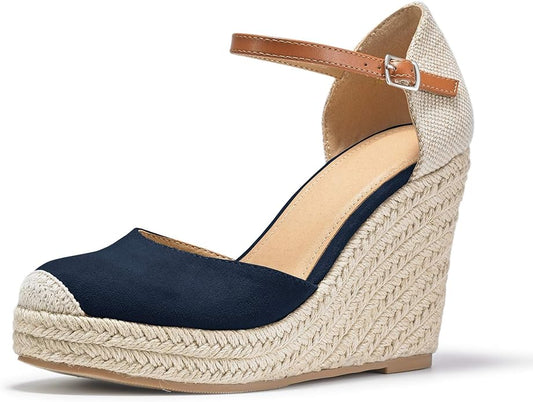 FISACE Womens Summer Espadrille Heel Platform Wedge Sandals Ankle Buckle Strap Closed Toe Shoes
