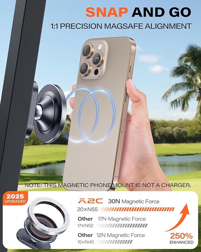 A2C 2-Pack Alloy Magnetic Golf Cart Phone Holder Compatible with MagSafe iPhone 17 Pro Max Plus 16 15 14 13 12 Mini Fits EZGO, Club Car, Yamaha, Icon, Golf Cart Accessories Gift for Men Women Friend