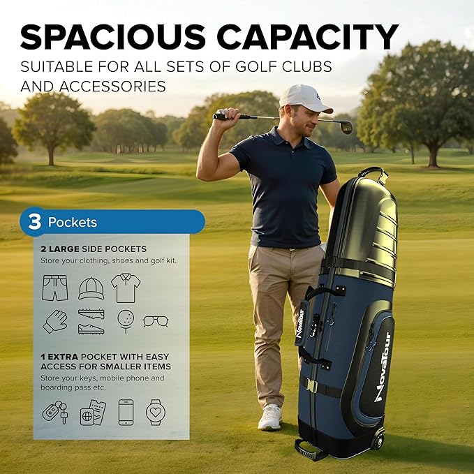 Golf Travel Bag for Airlines: Hard Case Top, Waterproof Zippers, 1680D Oxford Fabric, Built-in TSA Lock, Oversized Tank Wheels, Lightweight, Easy to Maneuver – Maximum Club Protection