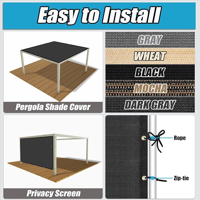 Amagenix 90% Pergola Shade Cover 6'X 11' Dark Gray Sun Shade Cloth - Image 4