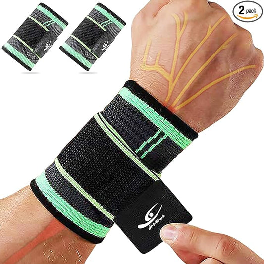HiRui Wrist Brace Wrist Wraps Compression Wrist Strap, Wrist Support for Work Fitness Weightlifting Sprains Tendonitis, Carpal Tunnel Arthritis, Pain Relief, Adjustable Wristbands 2 PACK (Green, XL)
