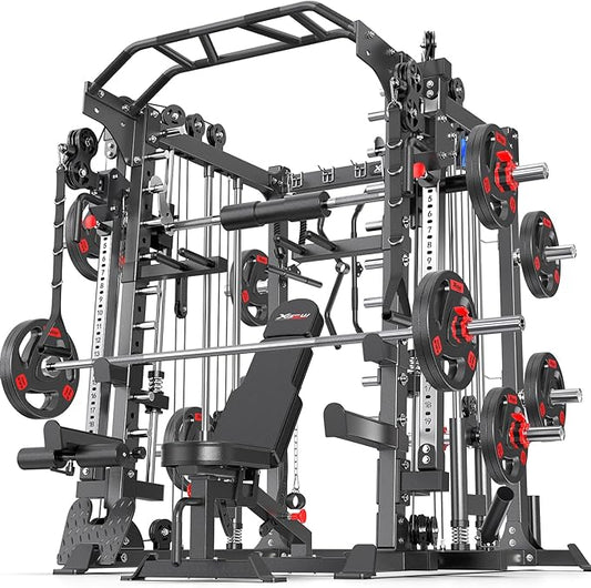 Smith Machine，Multi-Function Squat Rack Power Cage with Cable Crossover System,with Optional Weight Bench, Olympic Barbell Weight Set, for Home Gym