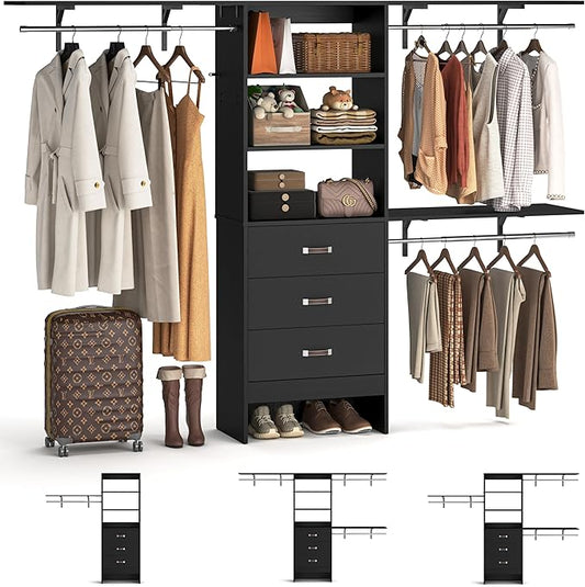 8FT Closet System, 96'' Closet Organizer System with 3 Hanging Rods, Wall Mount Bedroom Wardrobe with 3 Drawers Walk-in Closet, Adjustable Cloth Garment Rack from 5 to 8FT (Cut to Fit), Black