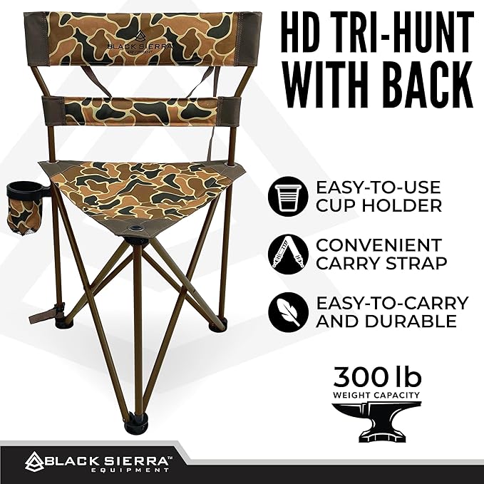 Black Sierra HD Tri-Hunt with Back Hunting Stool, Foldable Tripod Seat w/Steel Frame Supports 300-lb, Heavy Duty Fishing Chair Features Cup-Holder & Carry Shoulder Strap, for Camping