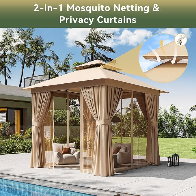 8'x8' Gazebo with Light, Outdoor Gazebo with Double Roofs | Metal Frame Canopy - Image 3