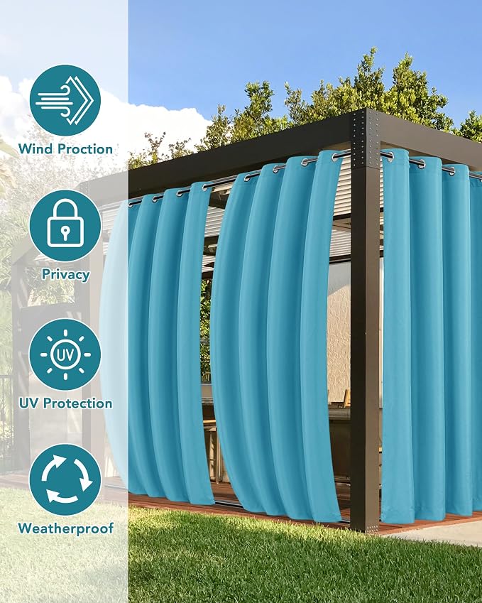 Windproof Outdoor Curtains for Patio Waterproof 4 Pcs 54x84 In Teal | Grommet - Image 3